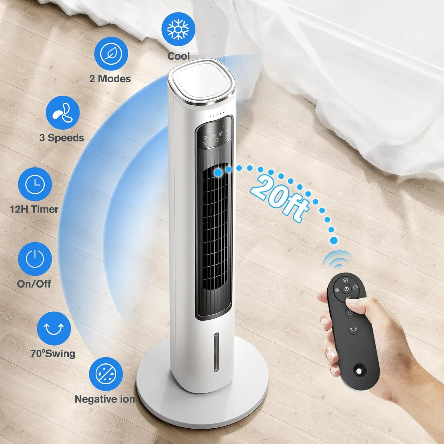 Windowless Portable Air Conditioners, 37’’ Evaporative Air Cooler w/Remote, 2.5L Water Tank & 4 Ice Packs, 12H Timer Auto-off, 70° Oscillating, Quiet Cooling Tower Fan For Bedroom Living Room Office