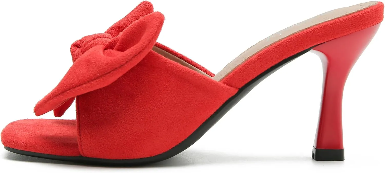 Women's Bow Sandal Mid High Kitten Heel Slip on Square Toe Mule Heels
