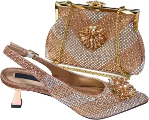 Womens Gold Square Heel Wedding Shoes Set Rhinestone Bridal Pumps and Dual Purpose Evening Bag Party Accessories
