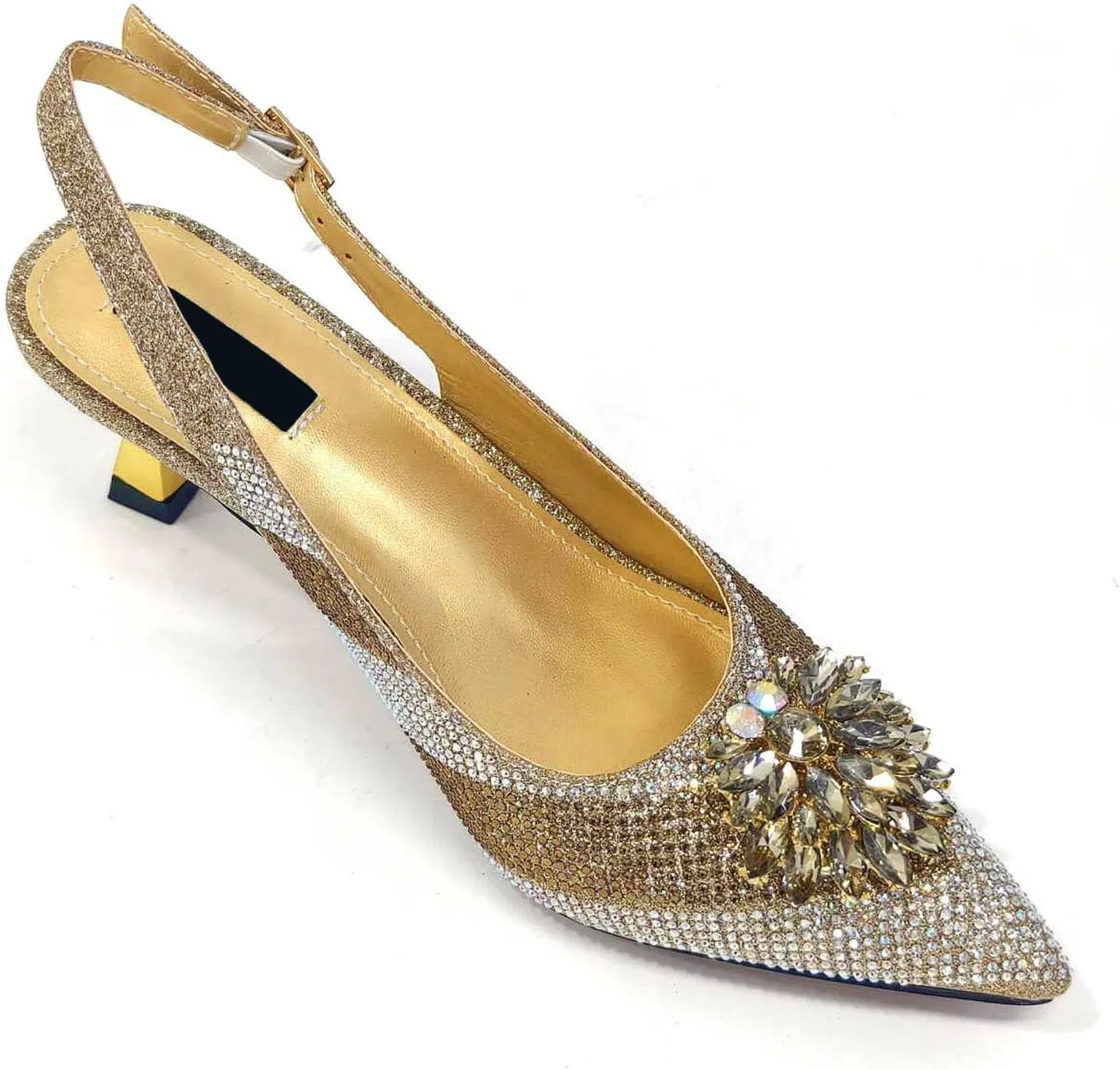 Womens Gold Square Heel Wedding Shoes Set Rhinestone Bridal Pumps and Dual Purpose Evening Bag Party Accessories
