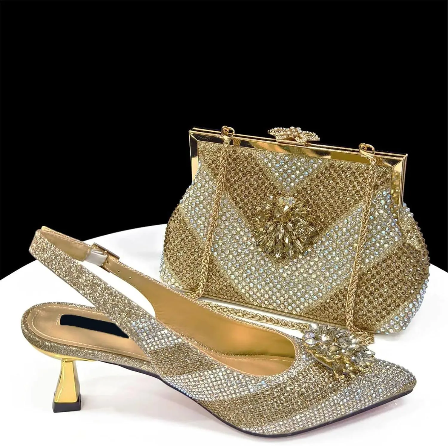 Womens Gold Square Heel Wedding Shoes Set Rhinestone Bridal Pumps and Dual Purpose Evening Bag Party Accessories