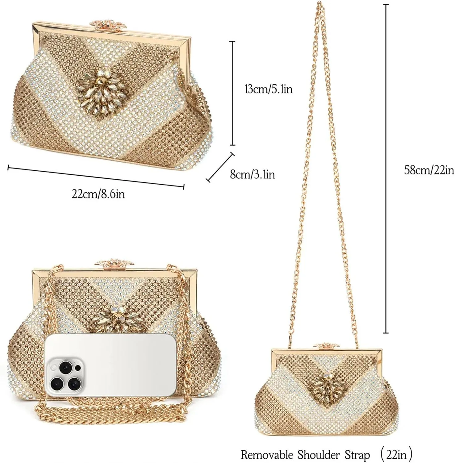 Womens Gold Square Heel Wedding Shoes Set Rhinestone Bridal Pumps and Dual Purpose Evening Bag Party Accessories