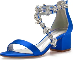 Women's Low Block Heel Sandals Chunky Ankle Strap Crystal Wedding Dress Shoes Low Heel Comfortable Pump Sandals