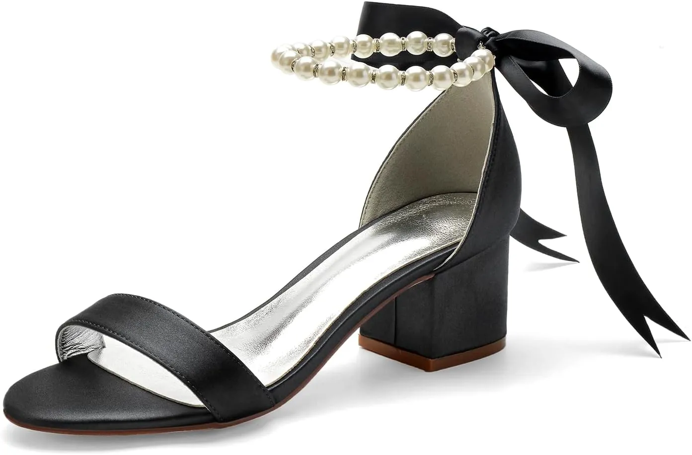 Women's Low Block Heel Sandals Chunky Ankle Strap Pearl Wedding Dress Shoes Low Heel Comfortable Pump Sandals