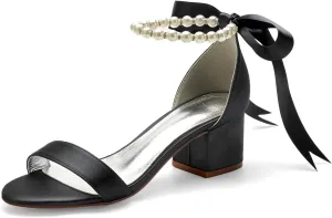 Women's Low Block Heel Sandals Chunky Ankle Strap Pearl Wedding Dress Shoes Low Heel Comfortable Pump Sandals