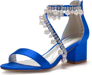 Women's Low Block Heel Sandals Chunky Ankle Strap Satin Pearl Wedding Shoes for Bride Low Heels Formal Prom Party Dress Shoes Comfortable Pump Sandals