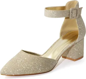 Women's Low Block Heels Chunky Closed Toe Pump Shoes with Ankle Strap