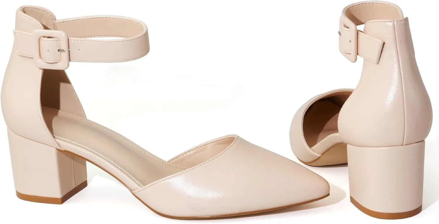 Women's Low Block Heels Chunky Closed Toe Pump Shoes with Ankle Strap