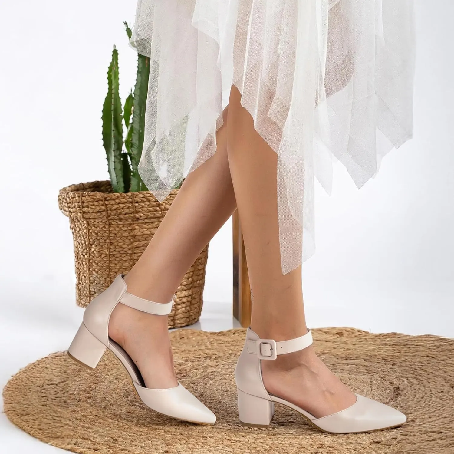 Women's Low Block Heels Chunky Closed Toe Pump Shoes with Ankle Strap