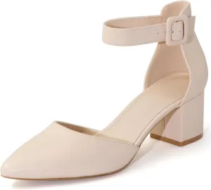 Women's Low Block Heels Chunky Closed Toe Pump Shoes with Ankle Strap