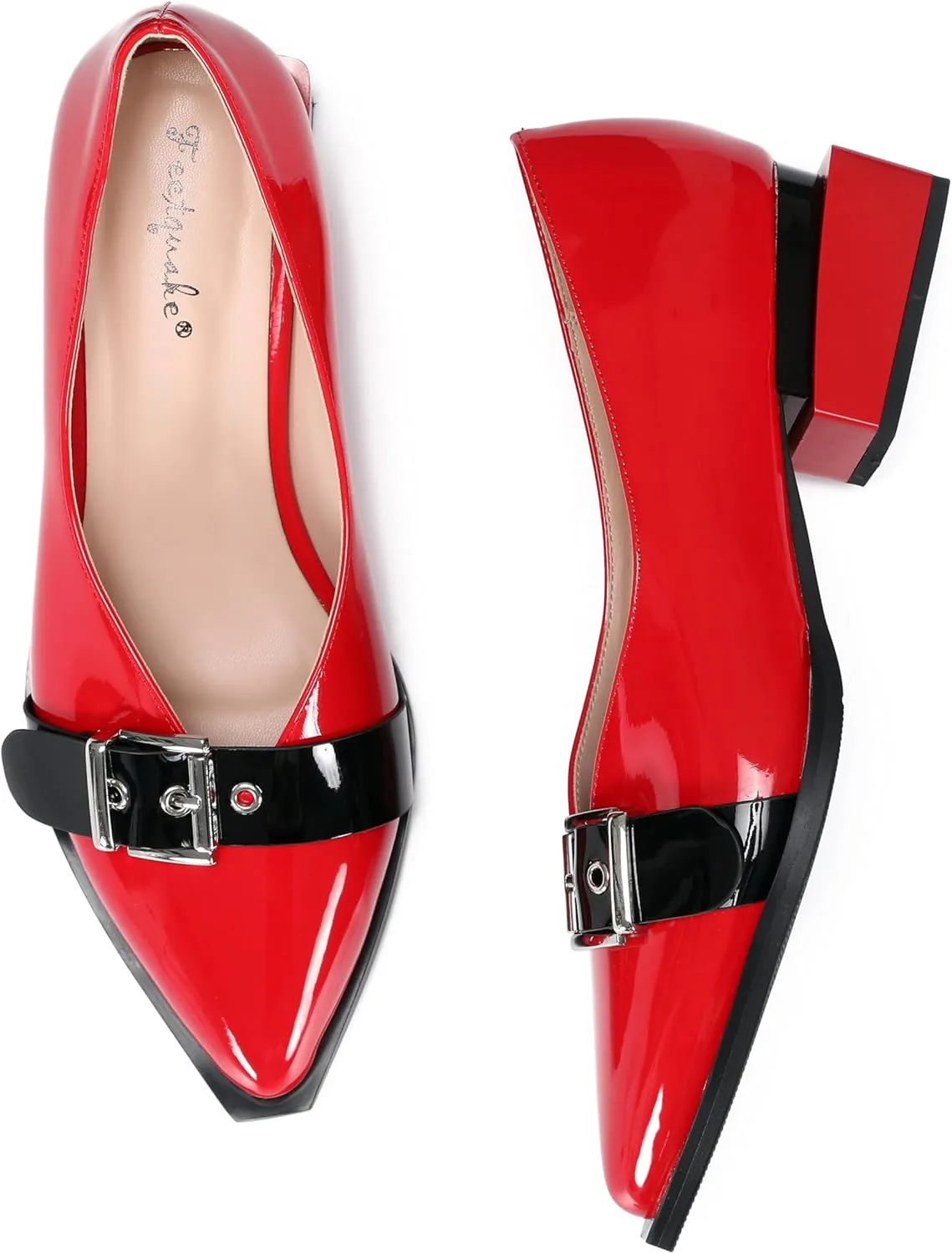 Women's Pump Shoes Overlapping Squared Chunky Red Heel Pointed Toe Pull On Patent PU Leather Daily Comfortable Women Dress Shoes