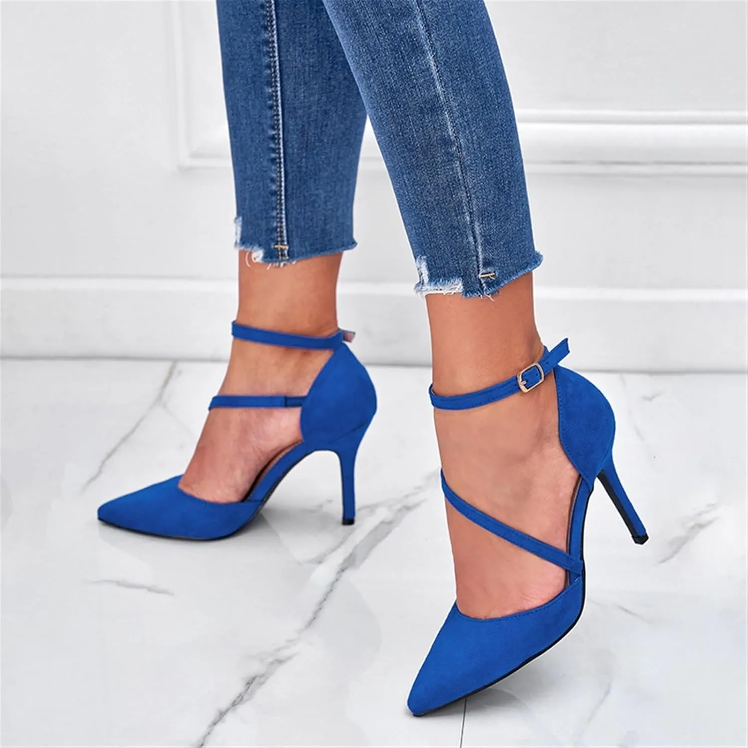 Women's Pumps Point Closed Toe Heels Cloth Straps Cross Adjustable Ankle Straps Dress Shoes Wedding Bridal Evening Party Dress Shoes Heeled Sandals
