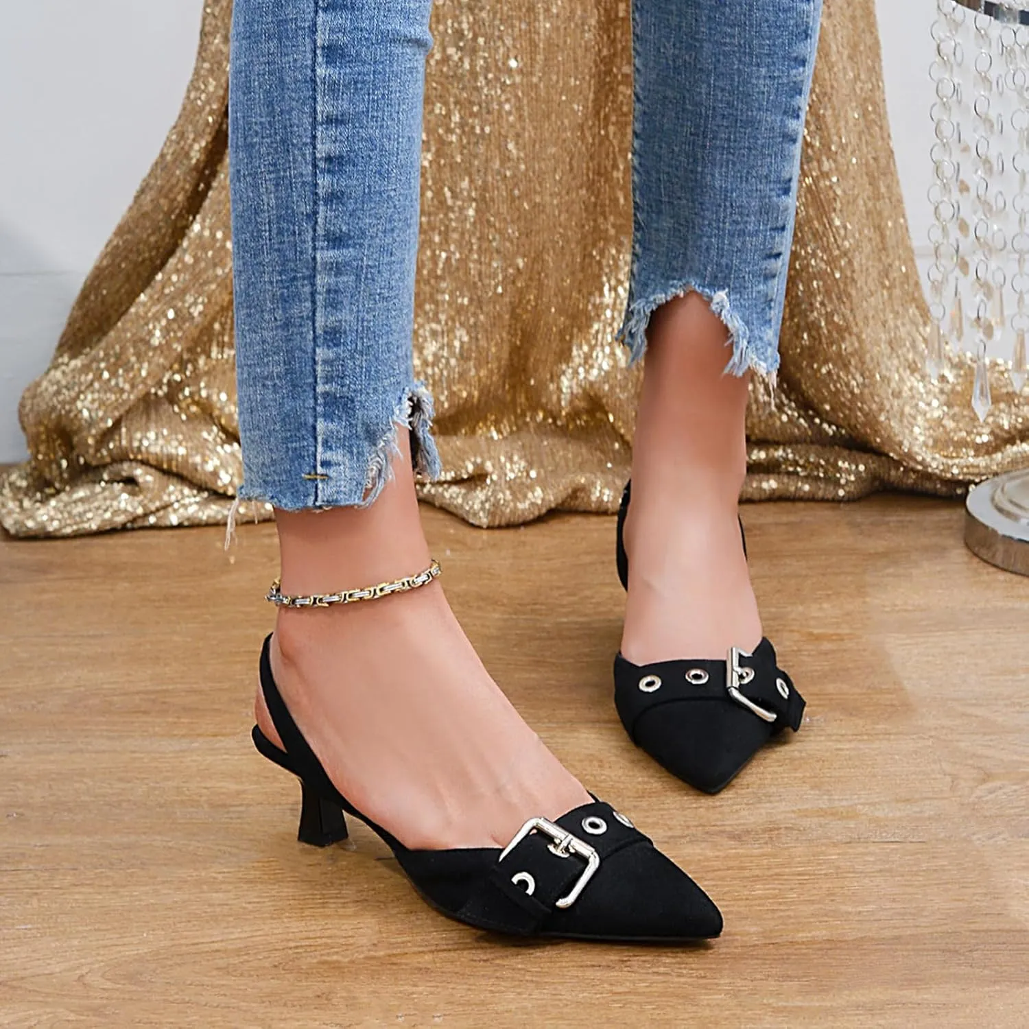 Women's Slingback Kitten Heels 2.3IN Pointed Toe Low Heel Pumps Buckle Closed Toe Formal Party Wedding Dress Pump Shoes