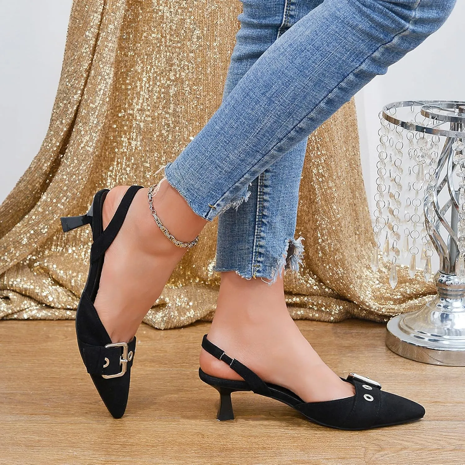 Women's Slingback Kitten Heels 2.3IN Pointed Toe Low Heel Pumps Buckle Closed Toe Formal Party Wedding Dress Pump Shoes