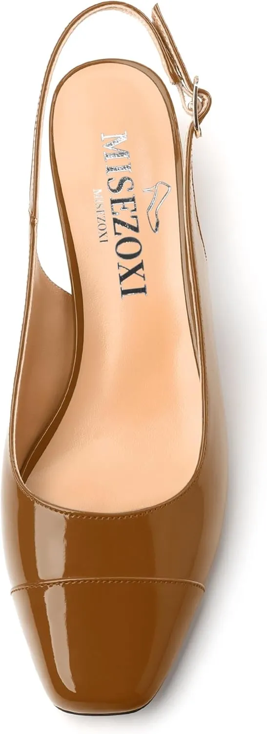 Women's Slingback Pumps, Low Chunky Heels Square Toe Pumps for Women, Block Heels Dress Shoes Closed Toe Comfortable Wedding Work Pump Sandals