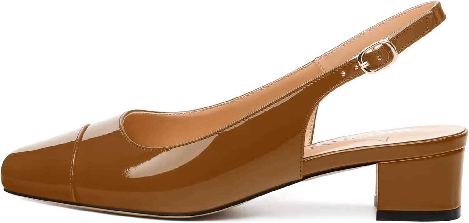 Women's Slingback Pumps, Low Chunky Heels Square Toe Pumps for Women, Block Heels Dress Shoes Closed Toe Comfortable Wedding Work Pump Sandals