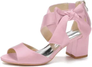 Womens Wedding Shoes Women's Low Block Heel Sandals Satin Bridal Chunky Ankle Strap Zipper Wedding Dress Shoes Low Heel Pump(Pink,10)