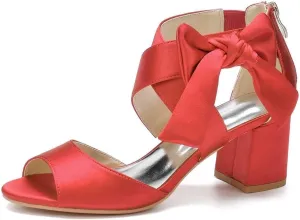 Womens Wedding Shoes Women's Low Block Heel Sandals Satin Bridal Chunky Ankle Strap Zipper Wedding Dress Shoes Low Heel Pump(Red,9)