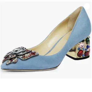 YDN Women Pointed Toe Bow Pump Rhinestone Block Low Heel Butterfly Blue Shoes