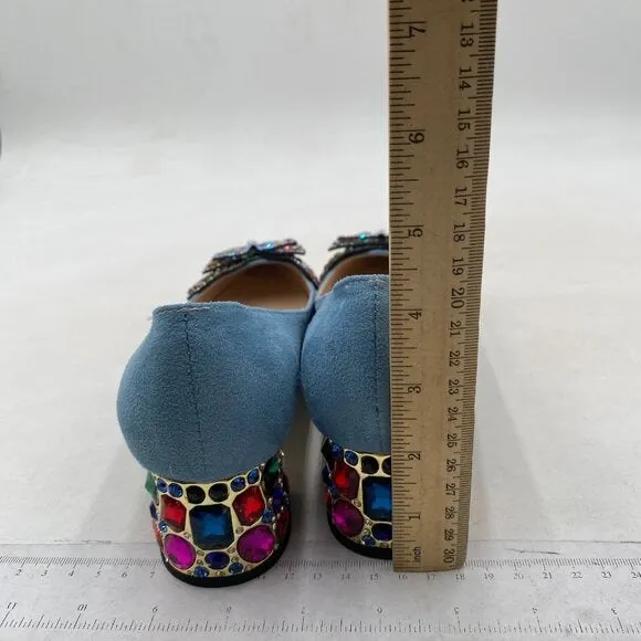YDN Women Pointed Toe Bow Pump Rhinestone Block Low Heel Butterfly Blue Shoes