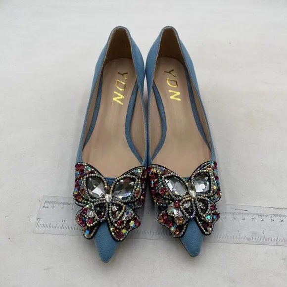 YDN Women Pointed Toe Bow Pump Rhinestone Block Low Heel Butterfly Blue Shoes