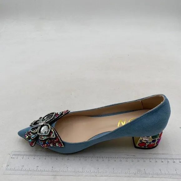 YDN Women Pointed Toe Bow Pump Rhinestone Block Low Heel Butterfly Blue Shoes
