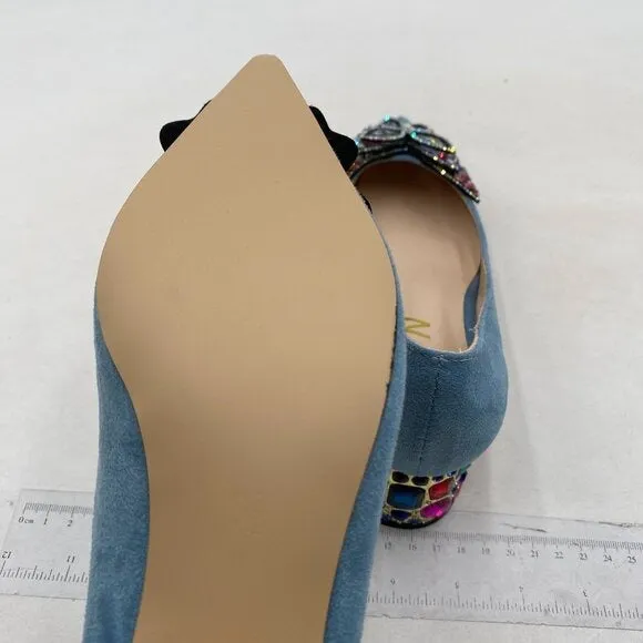 YDN Women Pointed Toe Bow Pump Rhinestone Block Low Heel Butterfly Blue Shoes