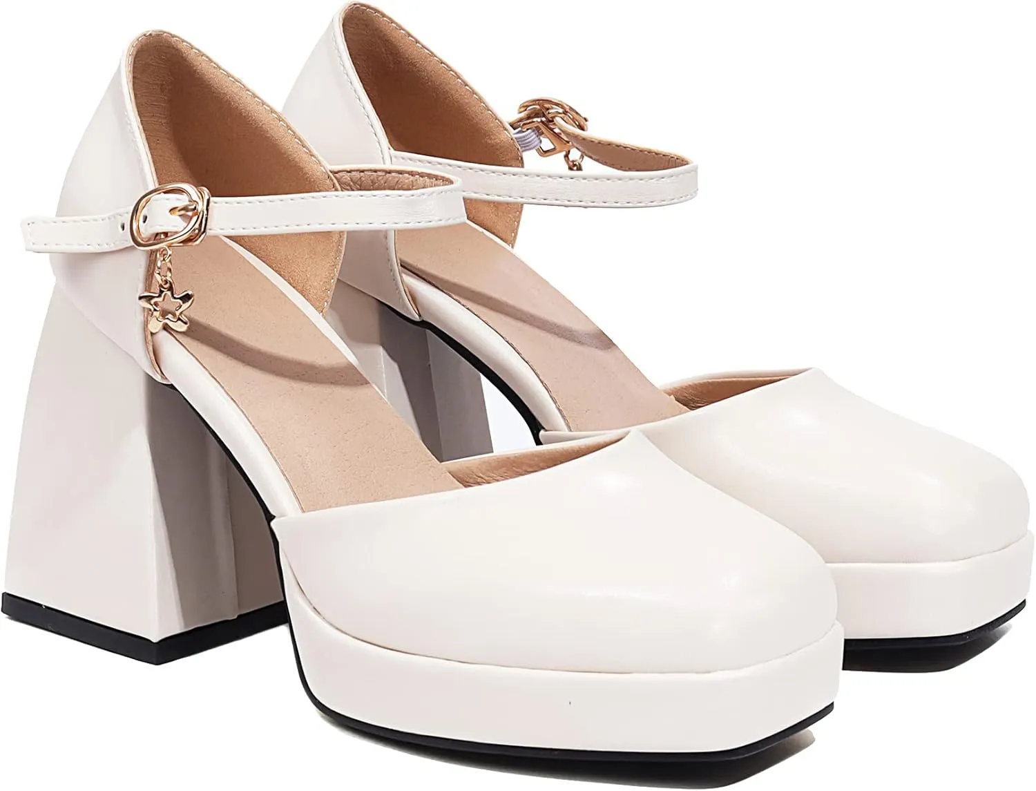 YIYA Women's Chunky Heels Platform Mary Jane Shoes Adjustable Ankle Strap Star Buckle Square Toe Block High Heel Dress Pumps Shoes