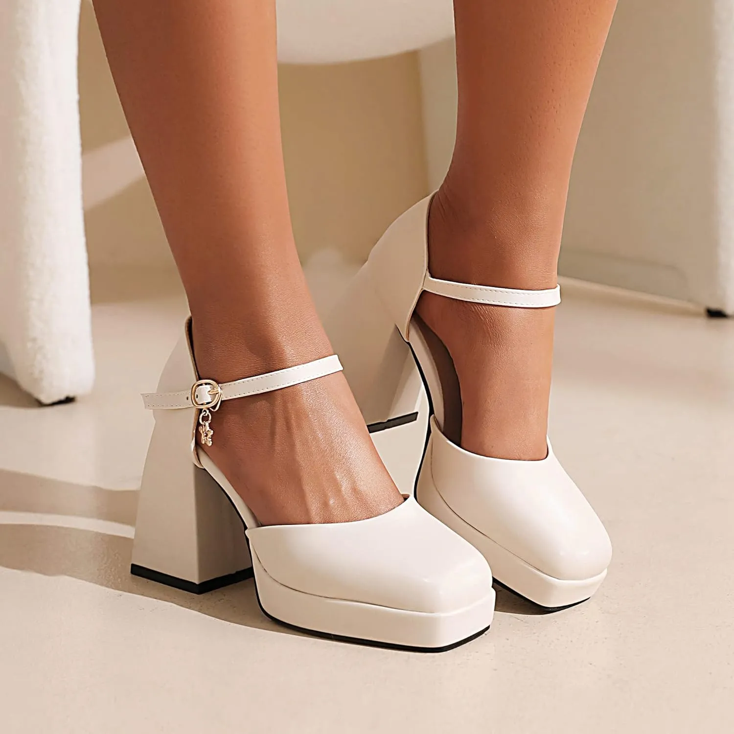 YIYA Women's Chunky Heels Platform Mary Jane Shoes Adjustable Ankle Strap Star Buckle Square Toe Block High Heel Dress Pumps Shoes