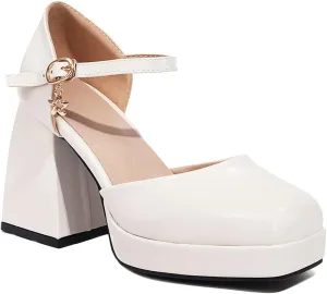 YIYA Women's Chunky Heels Platform Mary Jane Shoes Adjustable Ankle Strap Star Buckle Square Toe Block High Heel Dress Pumps Shoes