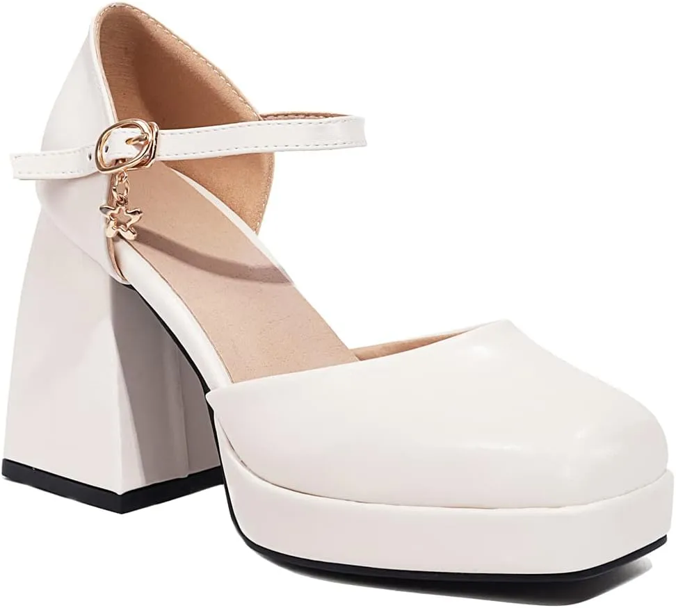 YIYA Women's Chunky Heels Platform Mary Jane Shoes Adjustable Ankle Strap Star Buckle Square Toe Block High Heel Dress Pumps Shoes