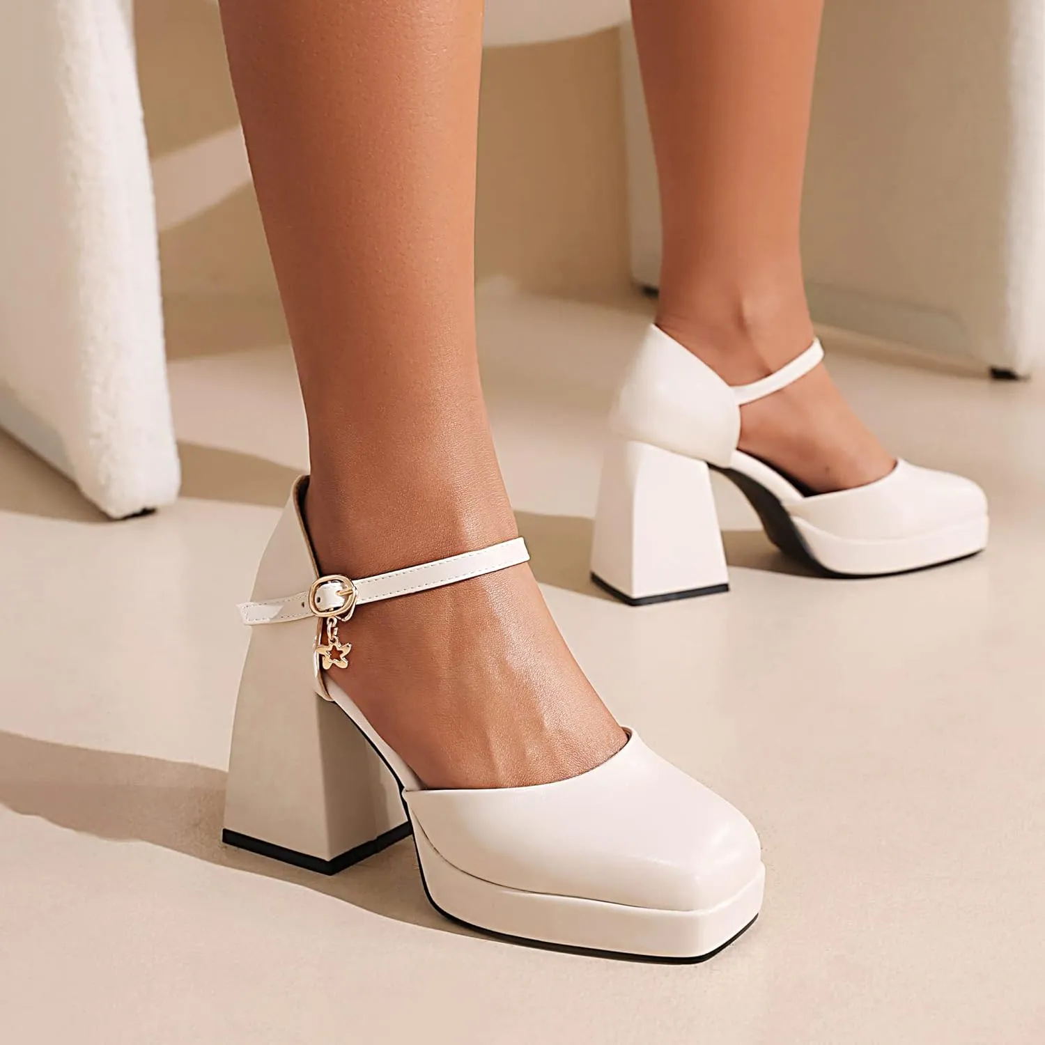 YIYA Women's Chunky Heels Platform Mary Jane Shoes Adjustable Ankle Strap Star Buckle Square Toe Block High Heel Dress Pumps Shoes