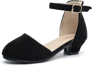 Youdesney Girls Black Dress Shoes, Closed Toe High Heels, Toddler Little Big Kid Ankle Strap Flower Pump for Wedding, Party, School