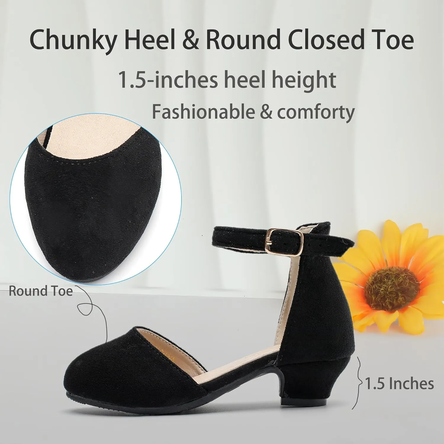 Youdesney Girls Black Dress Shoes, Closed Toe High Heels, Toddler Little Big Kid Ankle Strap Flower Pump for Wedding, Party, School