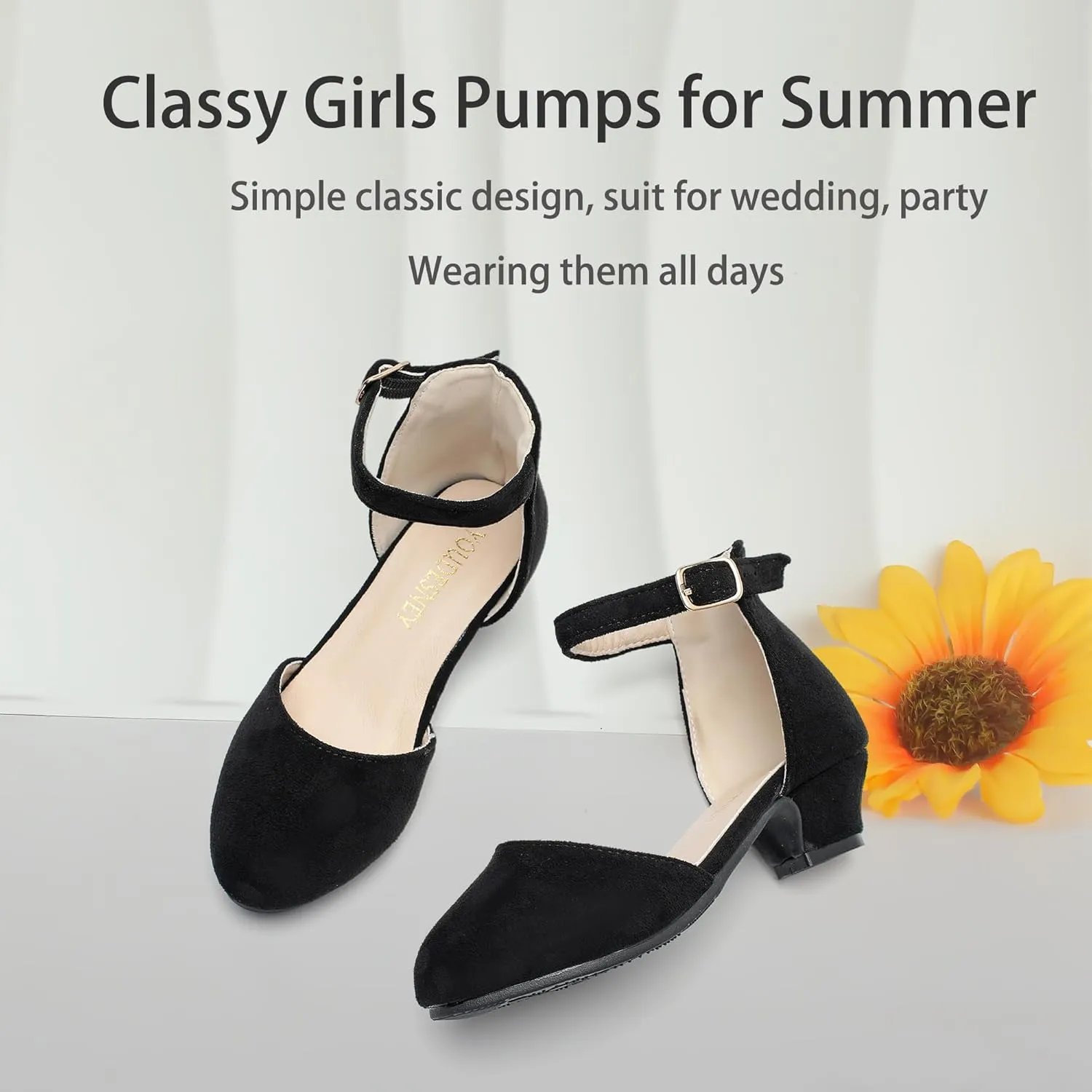 Youdesney Girls Black Dress Shoes, Closed Toe High Heels, Toddler Little Big Kid Ankle Strap Flower Pump for Wedding, Party, School