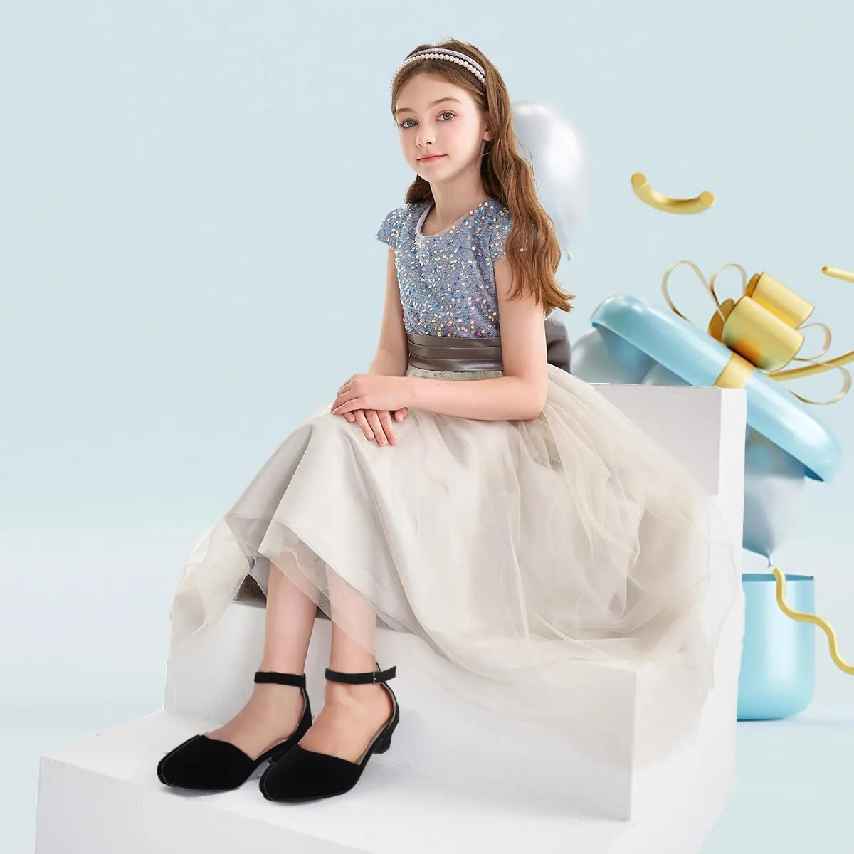 Youdesney Girls Black Dress Shoes, Closed Toe High Heels, Toddler Little Big Kid Ankle Strap Flower Pump for Wedding, Party, School