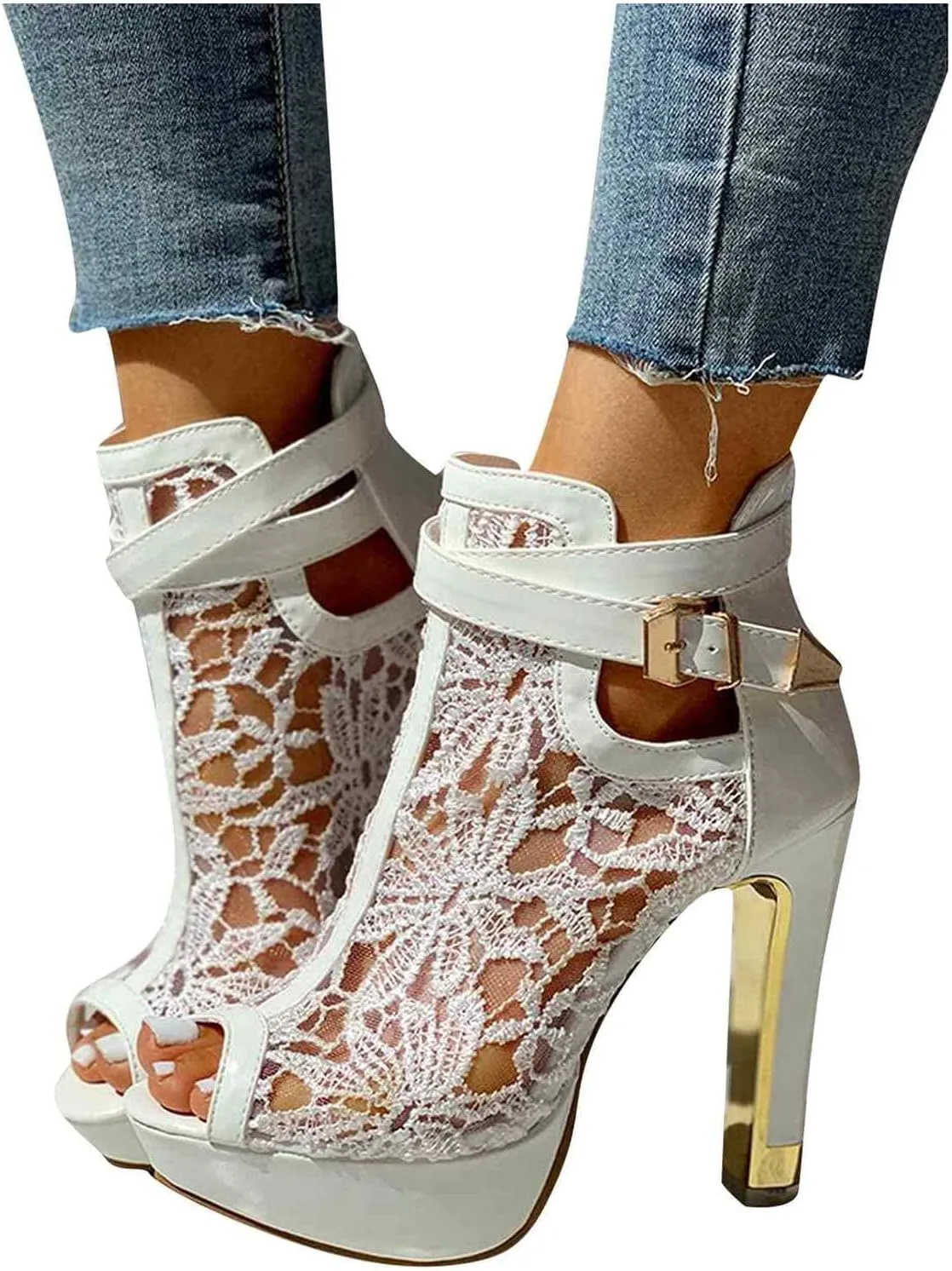 ZBYY Women's Lace Peep Toes High Heels Ankle Boots Open Toe Lace Slip On Wedding Pumps Bride Dress Platform Sandals