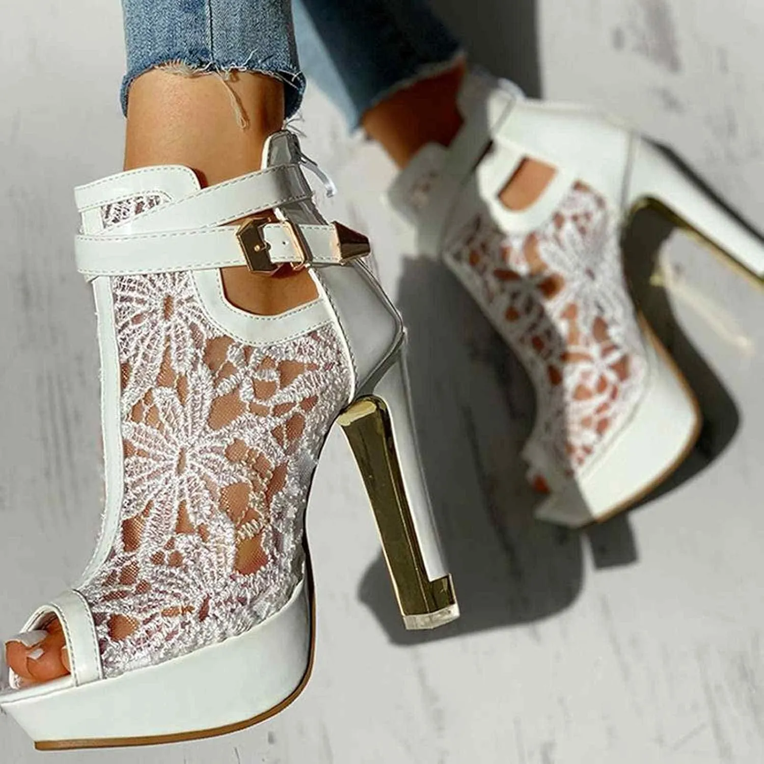 ZBYY Women's Lace Peep Toes High Heels Ankle Boots Open Toe Lace Slip On Wedding Pumps Bride Dress Platform Sandals