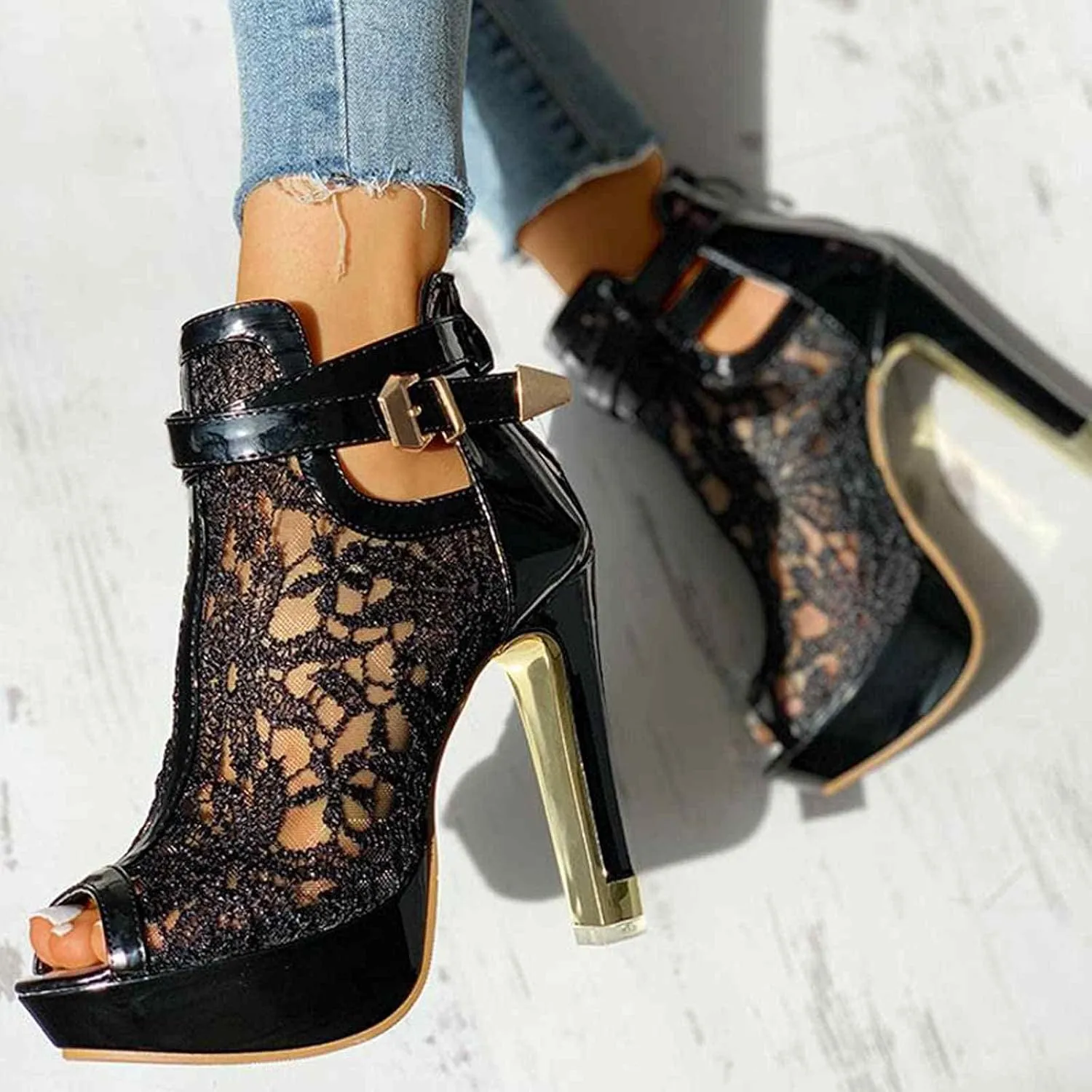 ZBYY Women's Lace Peep Toes High Heels Ankle Boots Open Toe Lace Slip On Wedding Pumps Bride Dress Platform Sandals