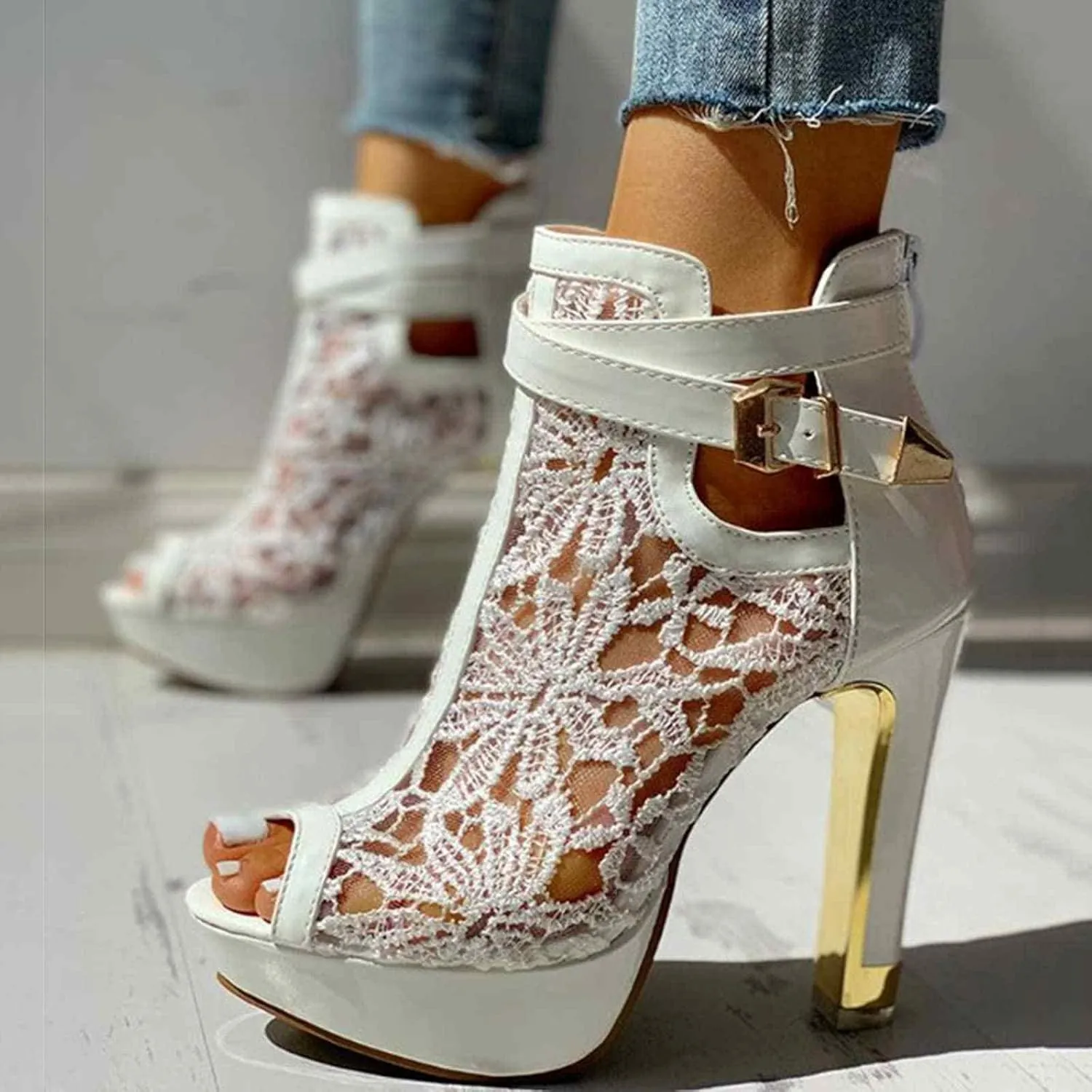 ZBYY Women's Lace Peep Toes High Heels Ankle Boots Open Toe Lace Slip On Wedding Pumps Bride Dress Platform Sandals