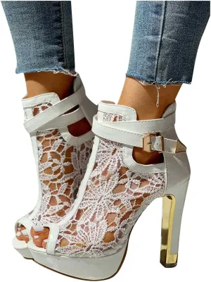 ZBYY Women's Lace Peep Toes High Heels Ankle Boots Open Toe Lace Slip On Wedding Pumps Bride Dress Platform Sandals
